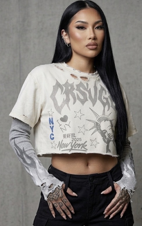 Model front-facing in bone and grey CRSVGE Lady Liberty crop with flame layered sleeves