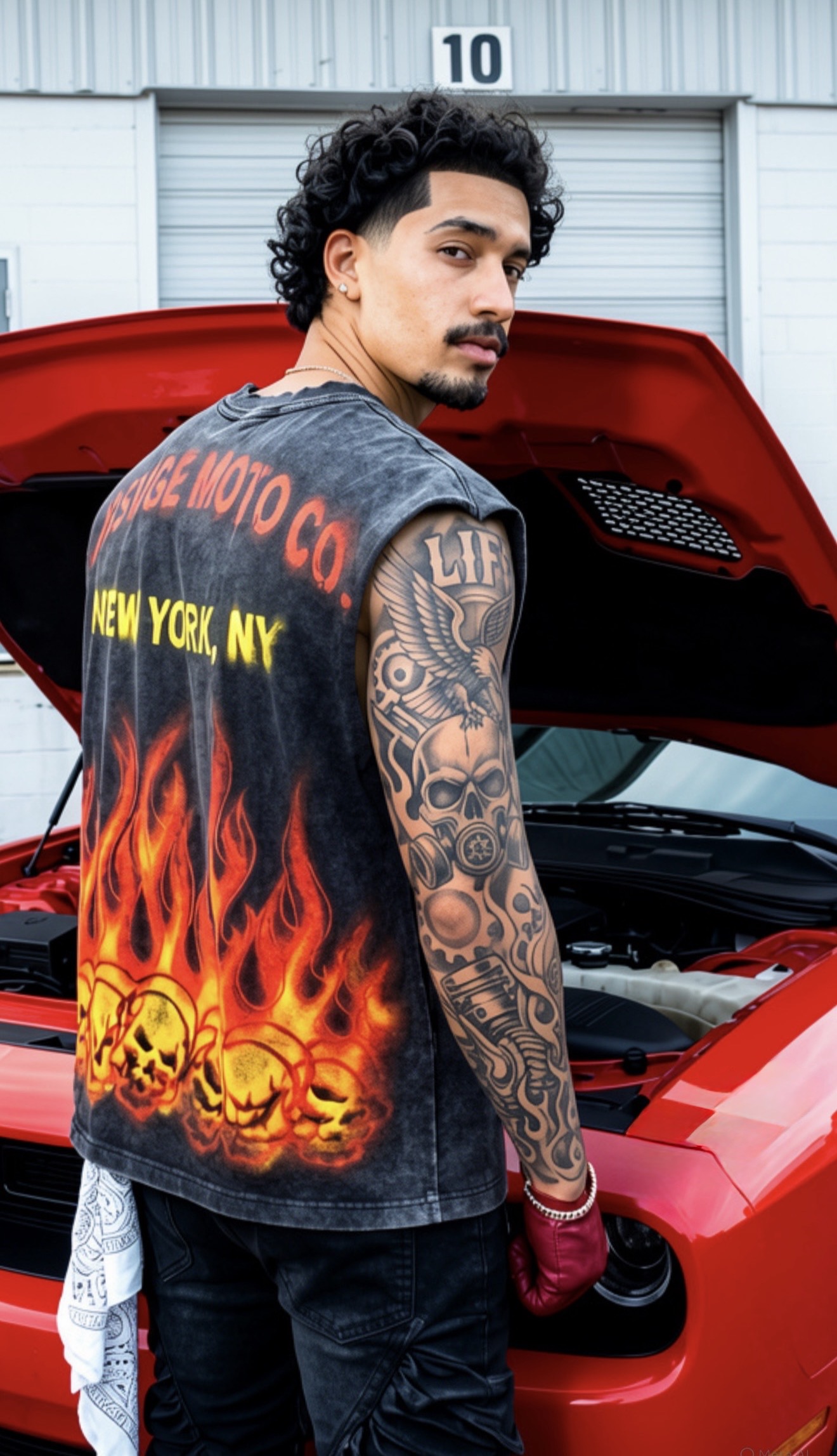 Model leaning on a red Challenger hood wearing the Moto Co. flame-skull cut-off tank