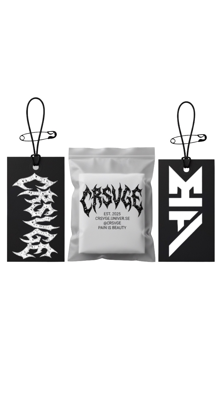 CRSVGE frosted archive polybag sealed with a safety-pin hangtag