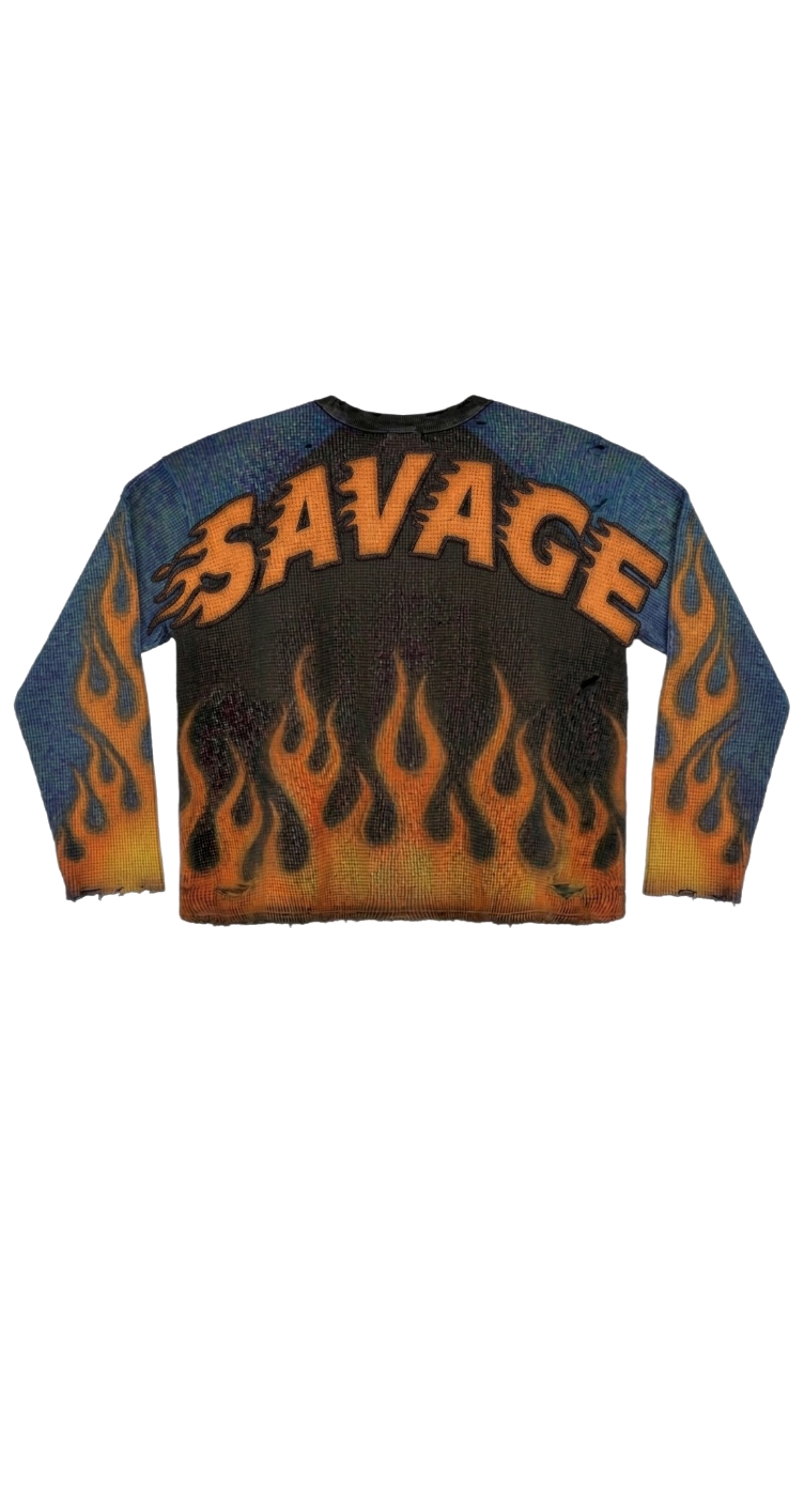 Back of the CORE SAVAGE flame knit with SAVAGE lettering over flames