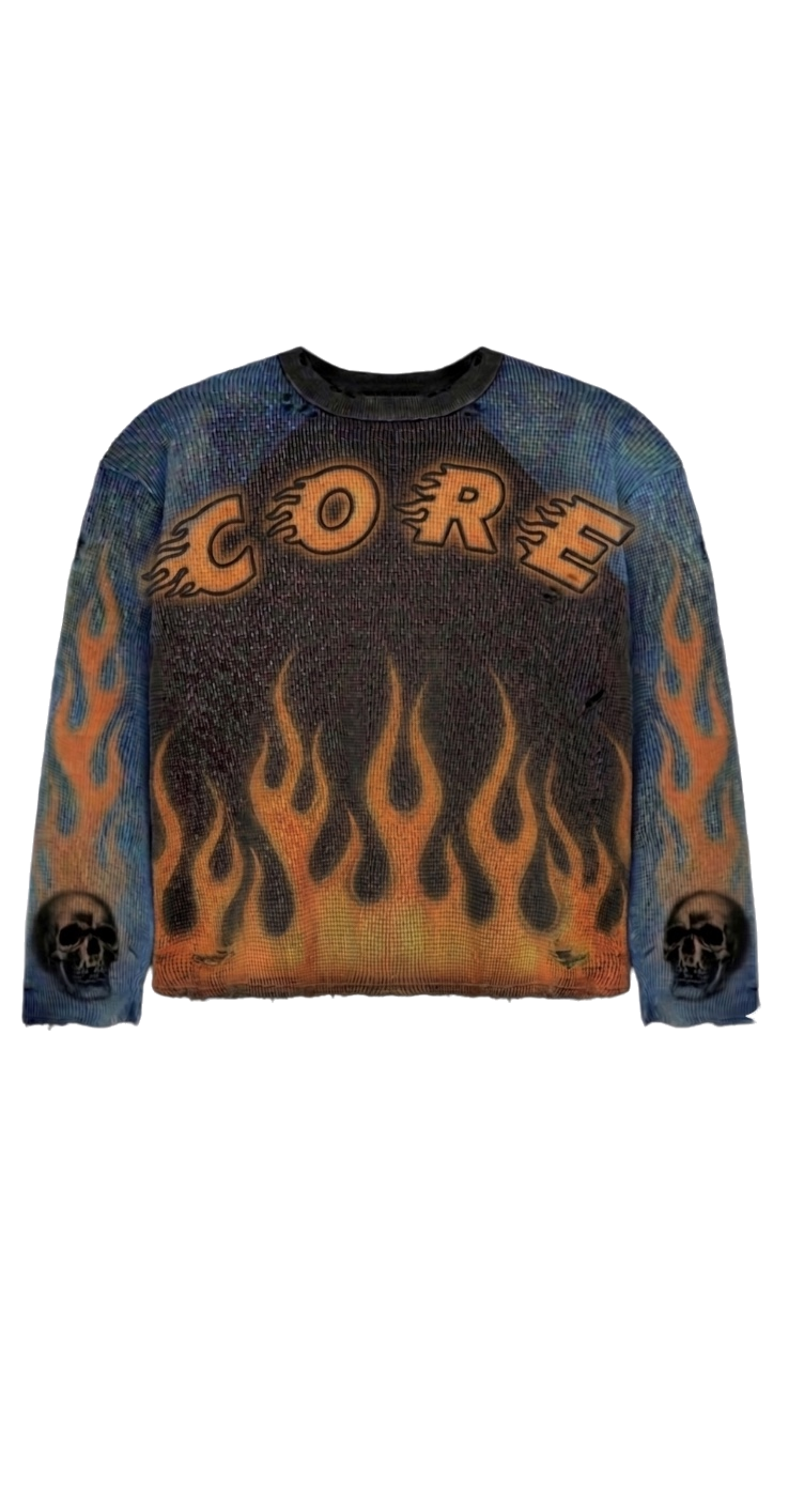 Front of the CORE SAVAGE flame knit with CORE lettering over orange flames