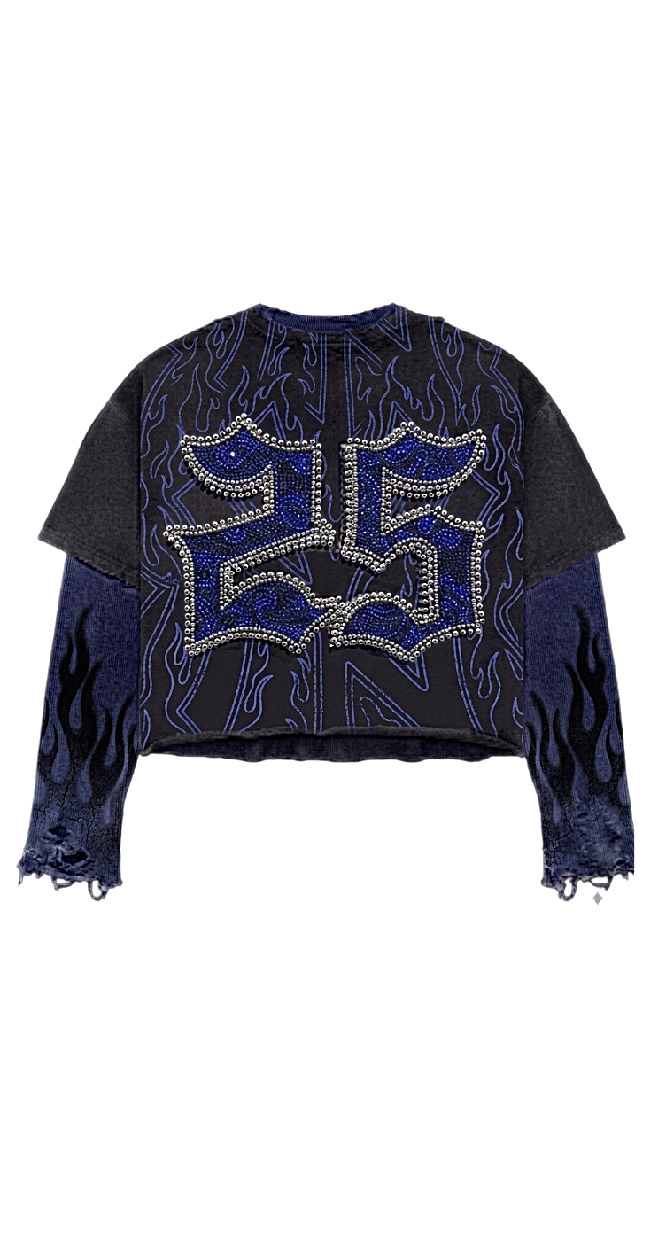 Back of the Lady Liberty thermal with blue rhinestone emblem and flame-print sleeves