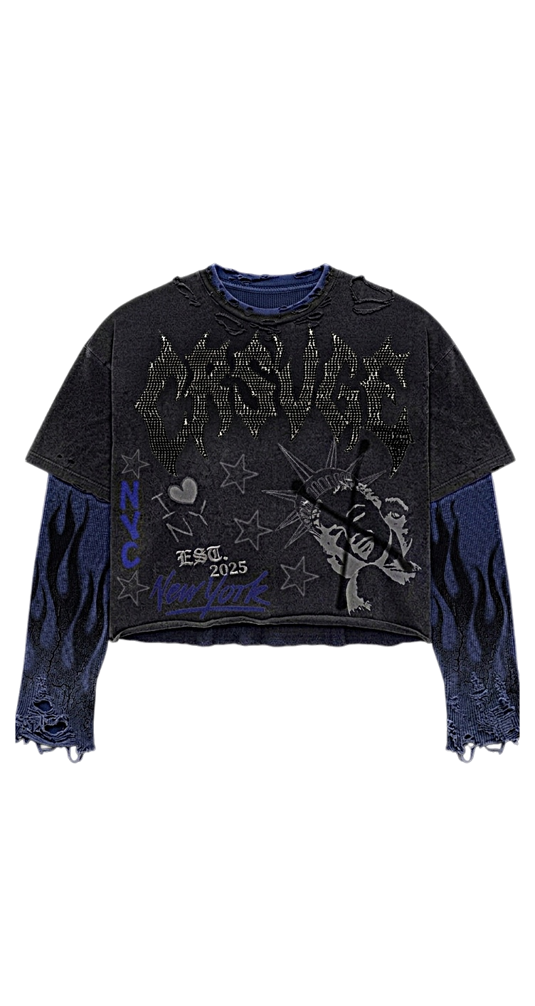 Front of the Lady Liberty thermal with CRSVGE rhinestone text and Statue of Liberty graphic