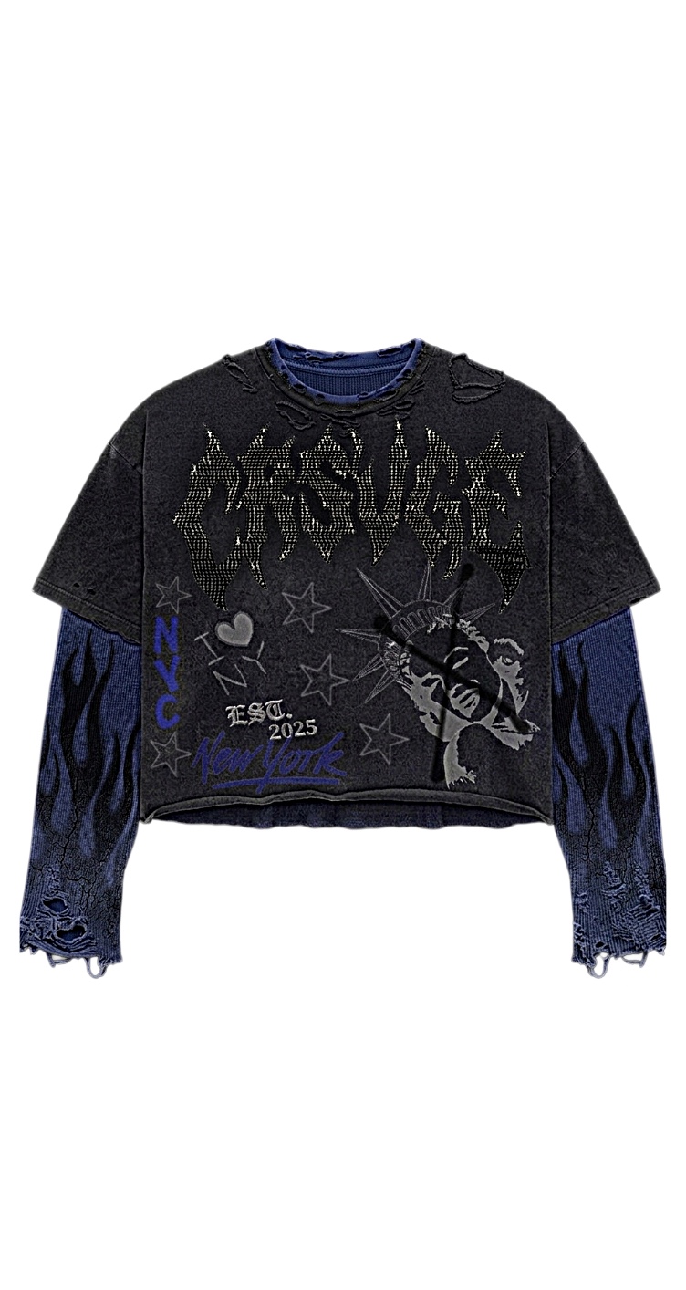 Front view of the Lady Liberty thermal with CRSVGE rhinestone text and Statue of Liberty graphic