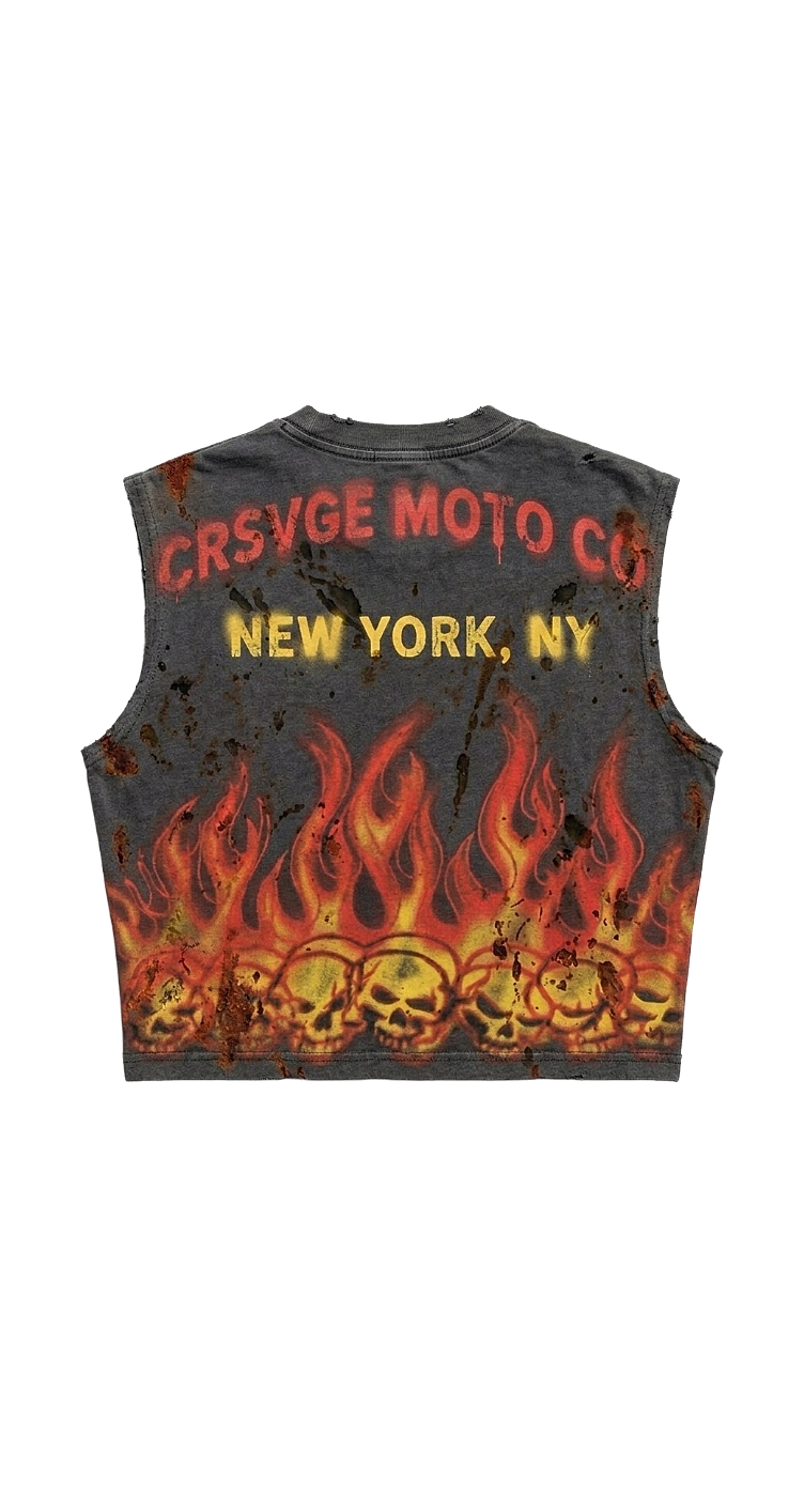 Back of the Moto Co tank with flame skulls and New York, NY lettering