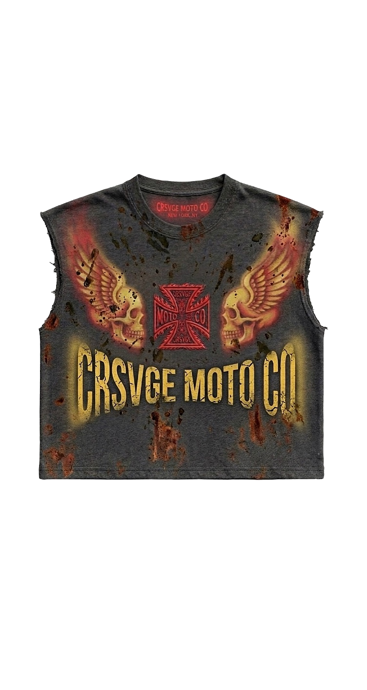 Front of the Moto Co tank with winged skulls and iron cross crest